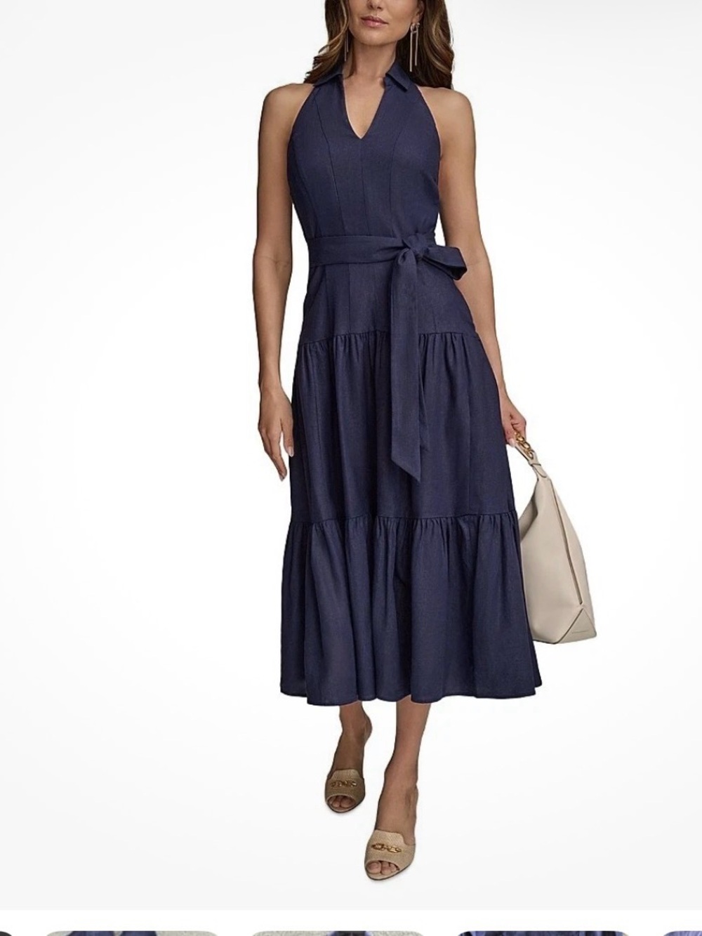 Donna Karan Navy Halter Tie-Waist Tiered Maxi Dress